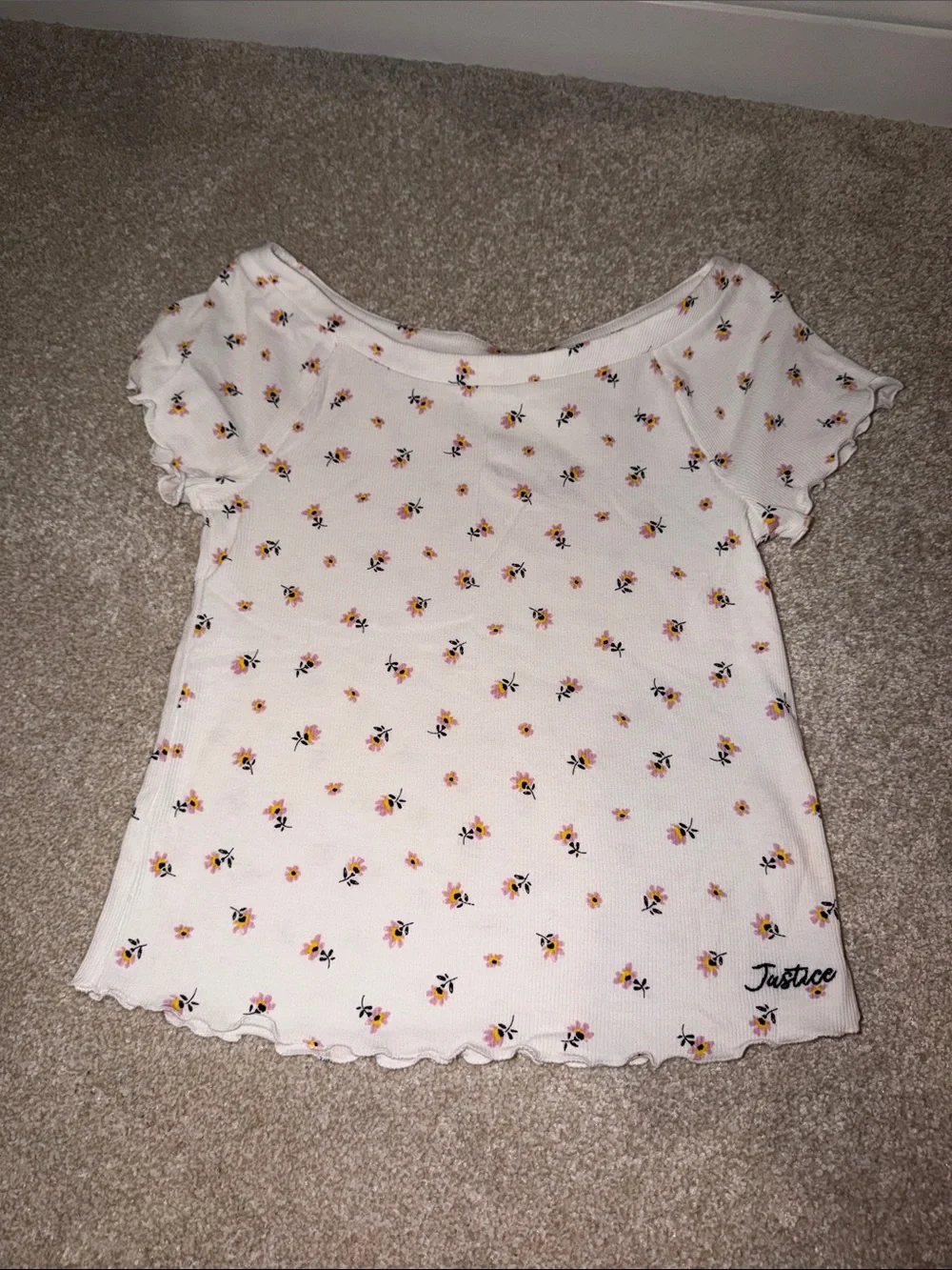 Justice Cream Floral Ruffle Sleeve Ribbed Tee